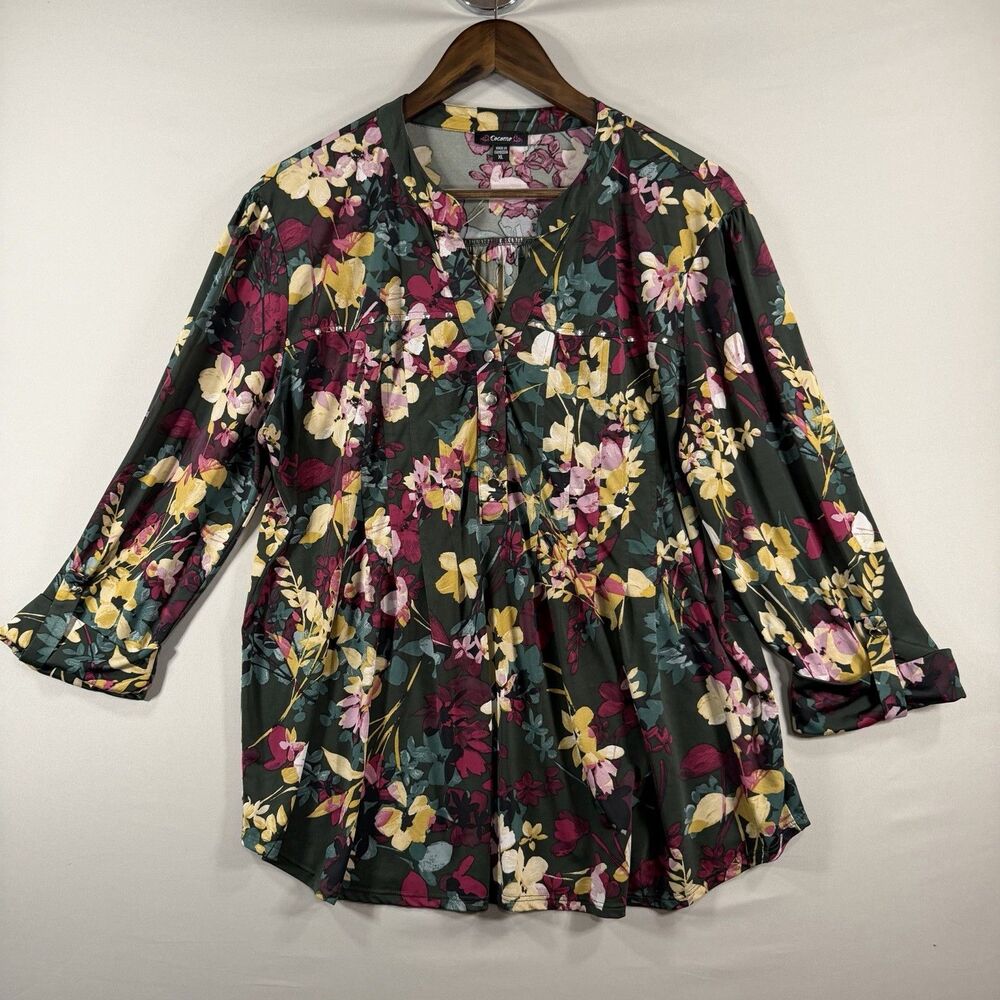 Cocomo Shirt Womens 1X Paisley 3/4 Sleeve V-Neck Pleated Pintuck Boho Popover
